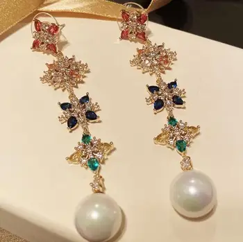

Colorful flower pearl tassel women earrings long floral rhinestone sweet ear accessories