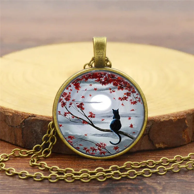 2019 Hot Sale Letter Cat Night Sky Pattern Necklace Vintage Sweater Chain Glass Dome Pendant Jewelry for Women Men Gift |