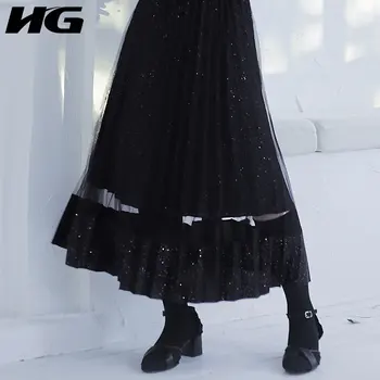 

HG Vintage Black High Waist Pleated Skirt Starry Mesh Splice Skirts Womens Loose Plus Size Wild Women Clothes 2020 New XJ3864