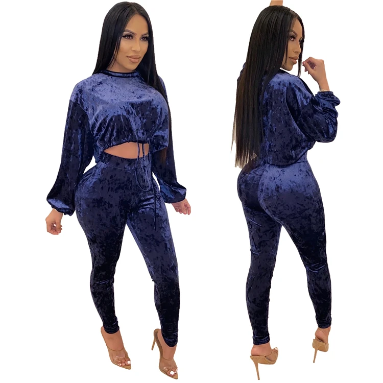 A120202 new stylish long sleeve O neck solid color drawstring velvet womens two piece sweat suits clothing