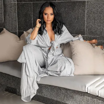 

Causal Plus Size 2 Piece Sweat Suits Women Outfit Full Sleeve Long Coat Ruffles Wide Leg Pants Two Piece Set