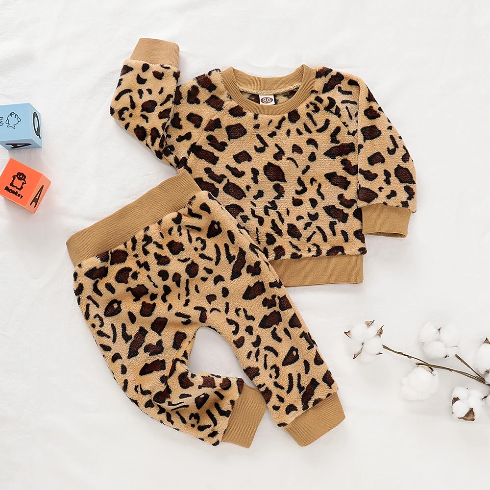 Newborn Baby Girls Leopard print Outfit Clothes Set Long Sleeve Tops+Pants 2Pcs Hooded Tracksuit Children's Clothing Tracksuit