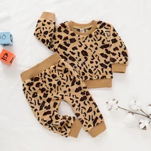 Newborn Baby Girls Leopard print Outfit Clothes Set Long Sleeve Tops+Pants 2Pcs Hooded Tracksuit Children's Clothing Tracksuit