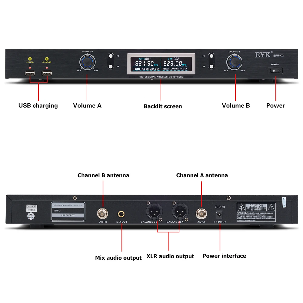 EYK EFU-C2 профессиональный караоке УВЧ беспроводной микрофон Система длинный Диапазон 2 канала 2 ручной микрофон передатчик с usb зарядкой