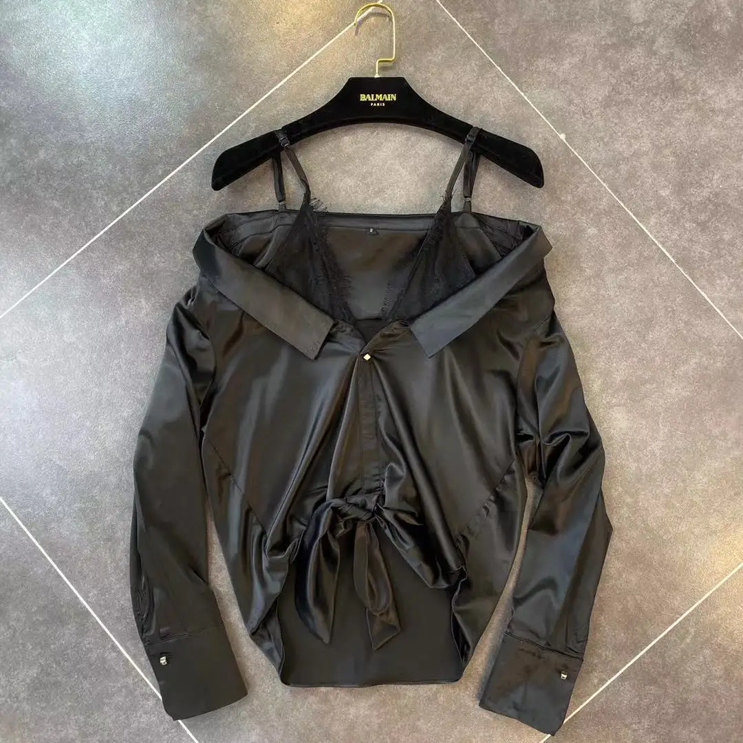 

Black Shirt Woman 2020 Spring New Lace Strap Pull Shoulder Long-Sleeve Lace-up Little Woman Shirt Sexy Blouse Blusa Feminina