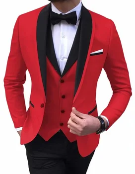 

Fashion red Men Suit Slim Fit Prom Tuxedos 2020 Shawl Lapel Blazer Vest Pants 3 Pieces Suit Set Groomsmen wedding suits for men