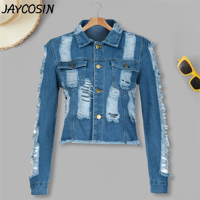 

JAYCOSIN Women Denim Coat Long Sleeve Lapel Hole Jean Jacket Loose Casual Fashionable Female Short Denim Outwear Jean Overcoat