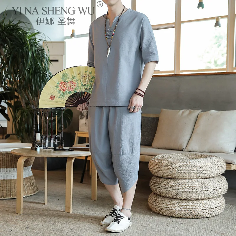Japanese Style Suits Kimono Short-Sleeved Harajuku T-shirt Pants Men Tops Trousers Male Japan Harajuku Yukata Costumes 2pcs Set