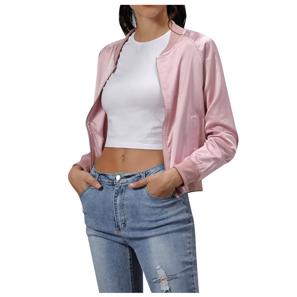 

Autumn Jacket Women Classic Coat Short Bomber Solid Zip Up Long Sleeve O-Neck Jacket Coat Black Pink For Ladies Tops mujer