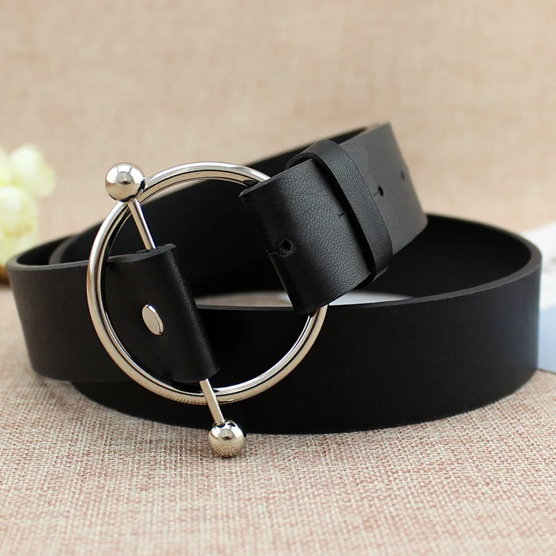 

Newest Silver Round buckle belts woman 2019 hot women's belts without pin metal buckle black leather strap belt dames riemen