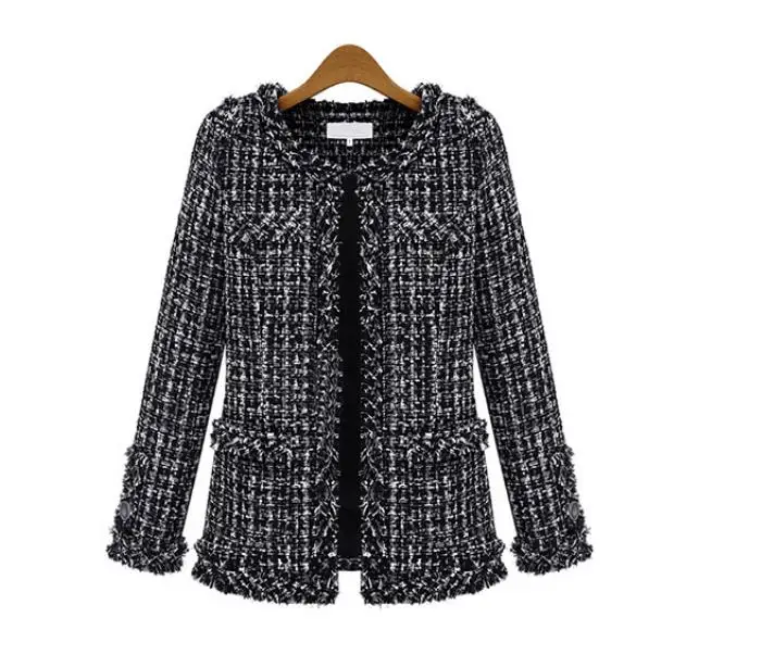 Осенне-зимнее пальто женское элегантное тонкое клетчатое пальто с длинным рукавом женское винтажное Формальное Большие размеры твидовое пальто с кисточками черный 4XL