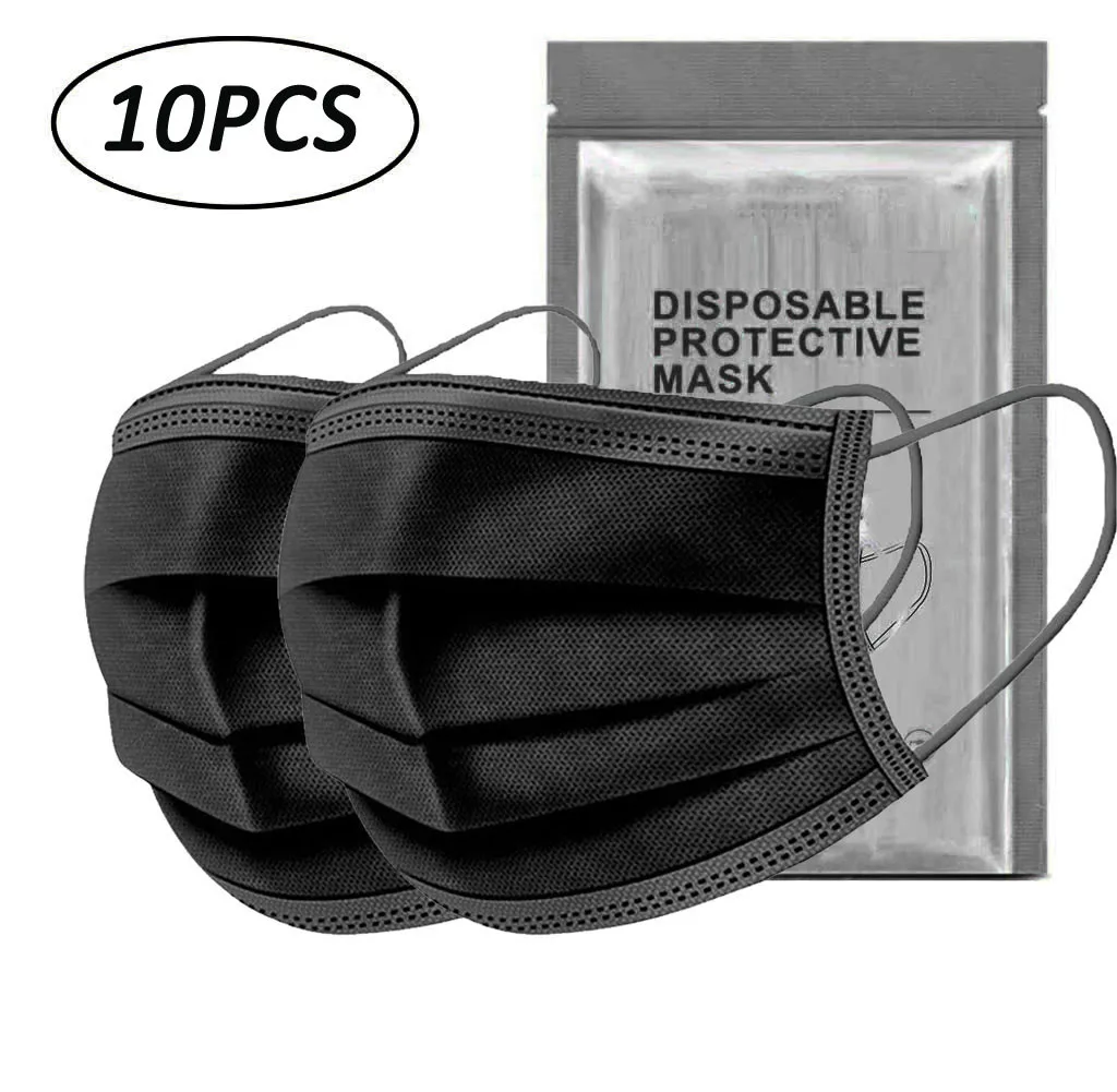 

10PC black Disposable Face Mask Skin Care Personal 3ply Non-woven Cloth Halloween Cosplay Disposable Adult Unisex Masks Masque