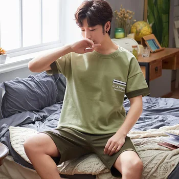

New Style Summer Pure Cotton MEN'S Short Sleeve Shorts Set Large Size Loose-Fit Greenish Blue Middle-aged Men Thin Breat Pajamas