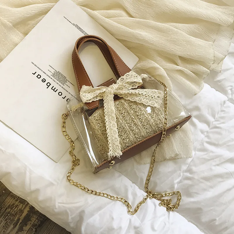 

Fashion transparent jelly knit handbag 2019 Korean version of the bow tie shoulder Messenger bag new trend