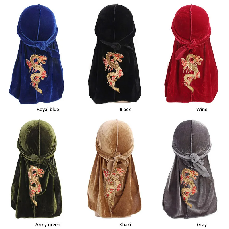 Embroidery Dragon Durags For Men Velvet Durags Bandanas DuRag Turban Hat Hair Scarf Hair Accessories winter cap for men