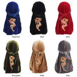 Embroidery Dragon Durags For Men Velvet Durags Bandanas DuRag Turban Hat Hair Scarf Hair Accessories