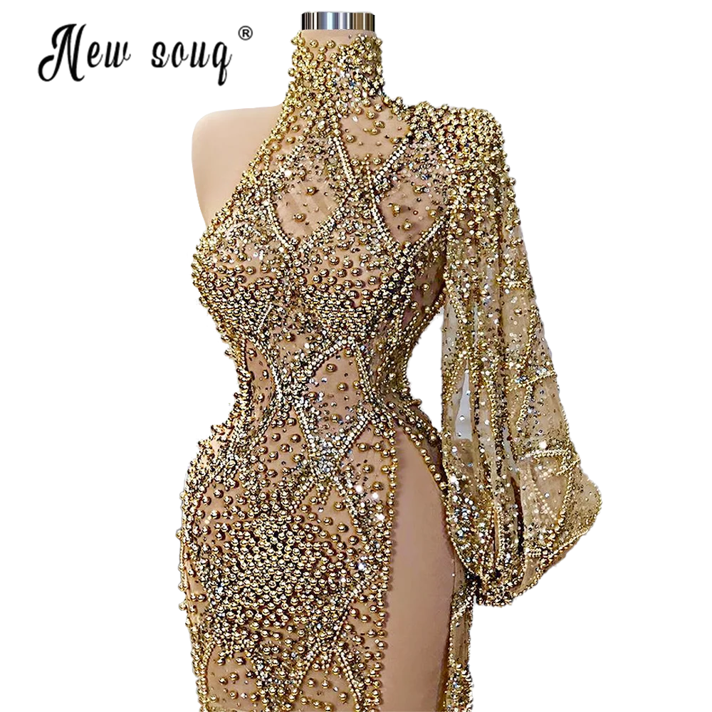 

Gold Elegant Beads High Neck Evening Dress 2021 Long Sleeve Mermaid Vestidos De Fiesta Arabic Red Carpet Runway Gowns Robes