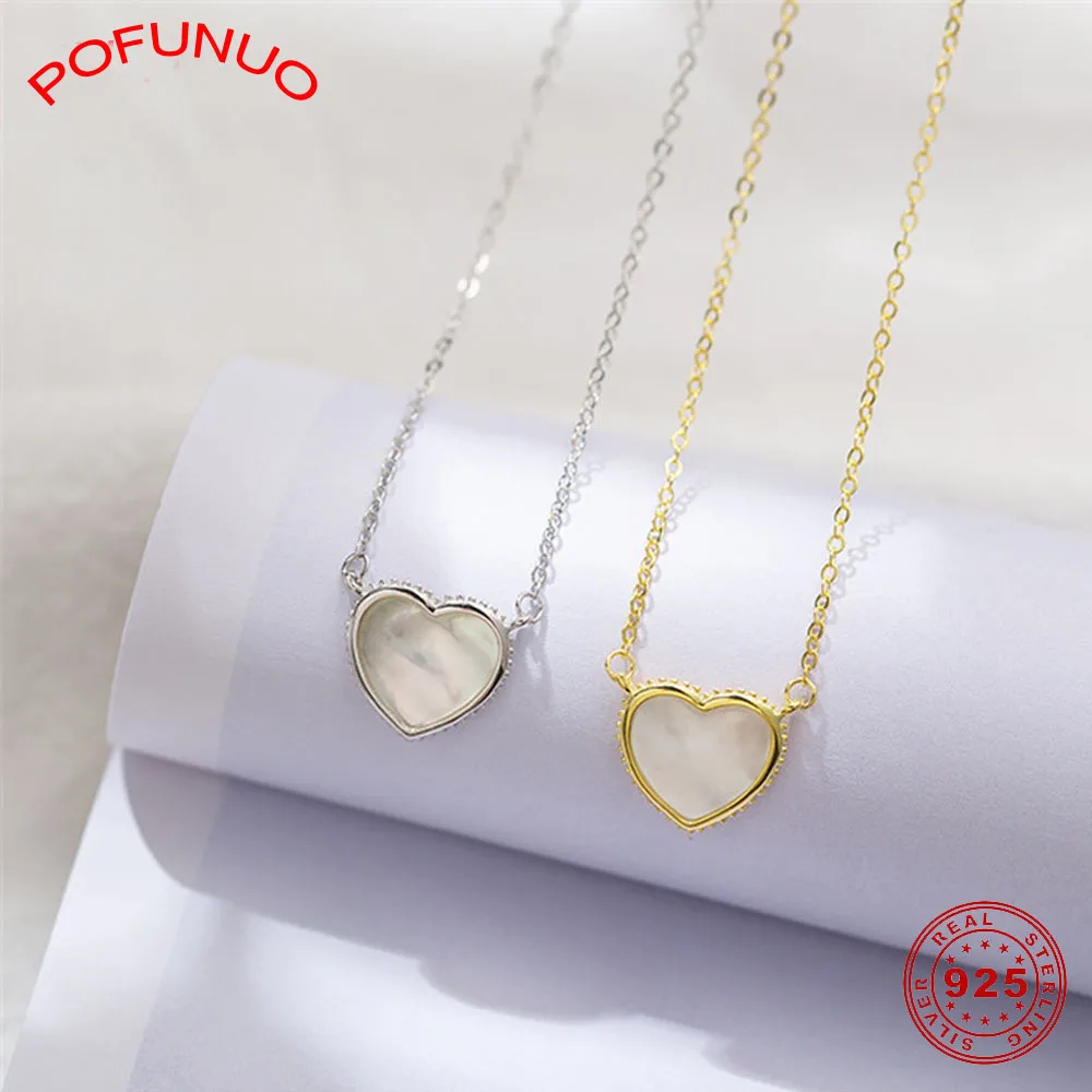 POFUNUO, 925 пробы, серебряное, стильное ожерелье для девочек, сердце, белое, фритиллария, подвеска, подарок на свадьбу, день рождения, ожерелье, хорошее ювелирное изделие