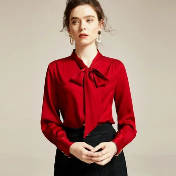 

Luxury Soft Stain Shirt 2020 Spring New Silk Blouse Women Long Sleeve Red Top Elegant White Office Ladies Tops Deep Blue blusas