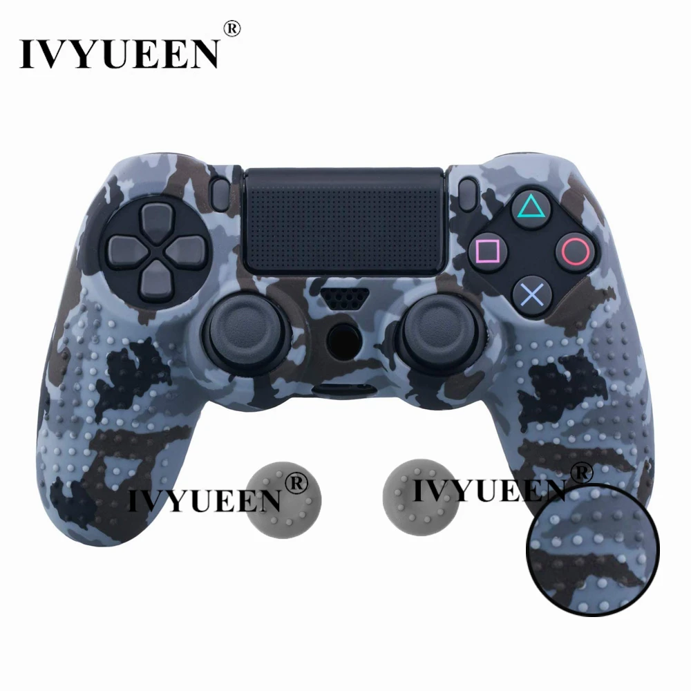 IVYUEEN 25 Colors For PlayStation 4 PS4 Pro Slim Controller Silicone Protective Skin Case Cover Thumb Grip Caps for Dualshock 4 - Цвет: Gray Camo
