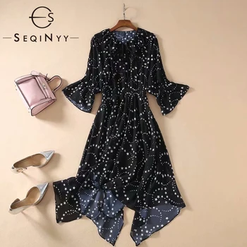 

SEQINYY Casual Dress 2020 Summer Spring New Fashion Design Star Print Chiffon Half Sleeve Elastic Waist Black Knee Dress