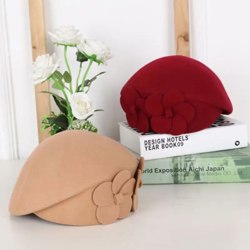 Women Lady Faux Wool French Beret Hat Flower Solid Color Fascinator Beanie Cap AXYD