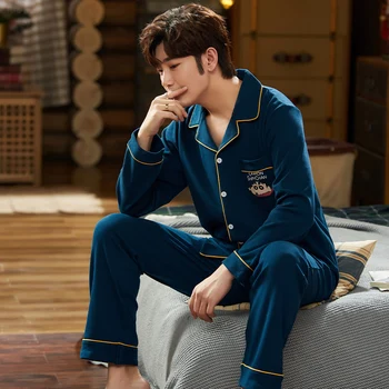 

Men Pyjama Set Cotton Spring Long Sleeve Plaid Men Pajama Suit Nightwear Collar Pijama Male Sleepwear Two Piece XXXL