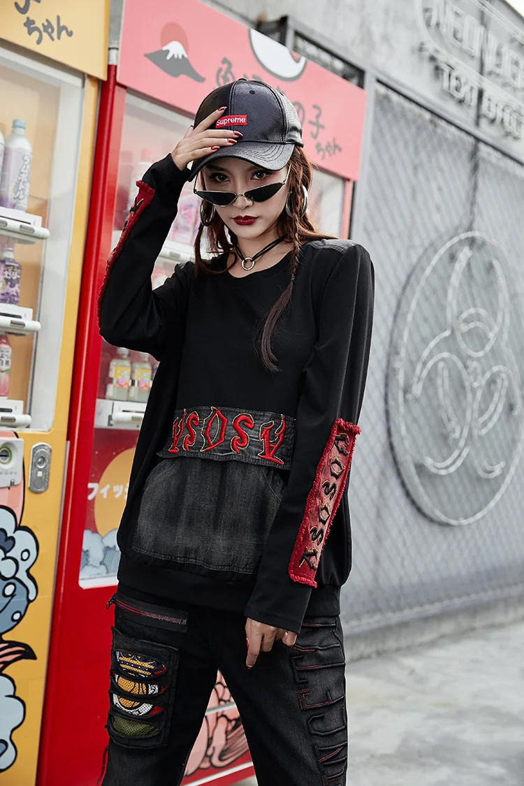 Vefadisa Pocket Patchwork Sweatshirt Woman Autumn O-Neck Pullovers Sweatshirt Black Long Sleeve Loose QYF1470