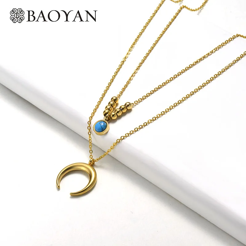 Baoyan многослойное золотое ожерелье с цепочкой, рог, луна, сердце, ожерелье с кулонами в виде монет, женское Трендовое ожерелье из нержавеющей стали