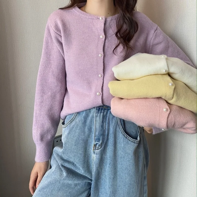 

2021 Autumn And Winter New Simple Knitted Cardigan Solid Color Loose Harajuku Style Cardigan All-match Wm*