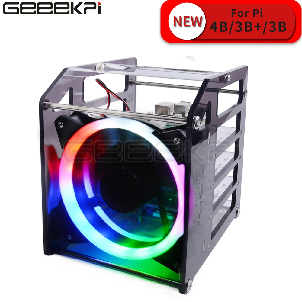 GeeekPi Rack Tower 4 Layer Acrylic Cluster Case Large Cooling Fan LED RGB Light for Raspberry Pi 4 B / 3 B + / 3 B / Jetson Nano