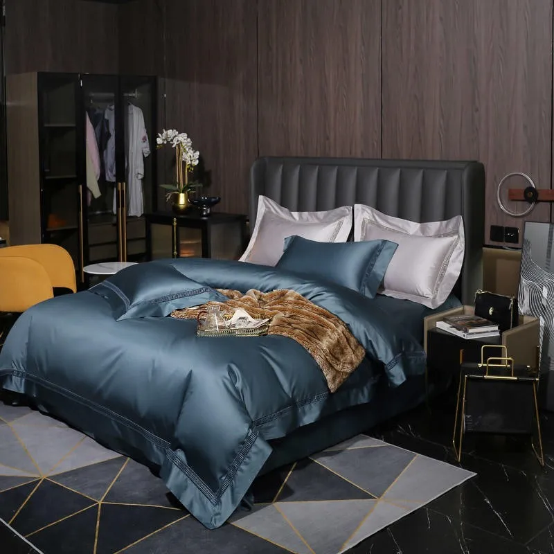 4Pcs 1000TC Premium Quality Egyptian Cotton Grayish Blue Bedding set 1Duvet Cover 1Bed Sheet 2Pillow shams Silky Soft Easy Care 5