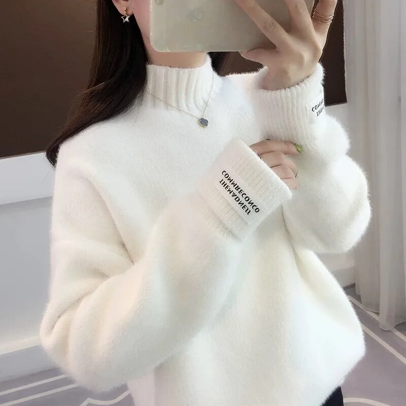 

Women Sweater 2019 Winter New Korean Loose Casual Pullover Sweaters Office Lady Solid Long Sleeve Turtleneck Thin Sweater Women