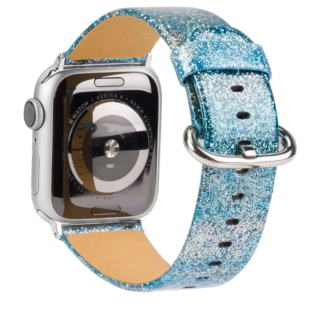 Blue Кожаный ремешок для Apple Watch 38 мм 40 мм для женщин с блестящими бриллиантами 42 мм 44 мм настоящий Блестящий ремешок для iWatch серии 5 4 3 2 1 - Цвет ремешка: Blue