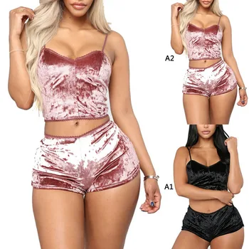 

Women Fashion Women 2pcs Velvet Sleepwear Sexy Velvet Shorts Pajama Set Ladies Sleepwear female Pajama Party Set HX1219