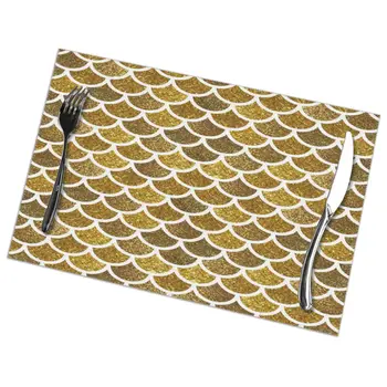 

6pcs Placemat for dining table Golden Mermaid Scales Glitter Fish Scales Heat-resistant Kitchen Dining Accessories