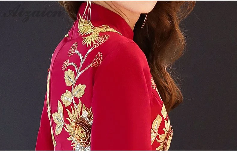Восточный стиль красный вышивка длинный Cheongsam современная мода невесты винтажное платье Qi Pao женское китайское вечернее китайское платье-Ципао Халат