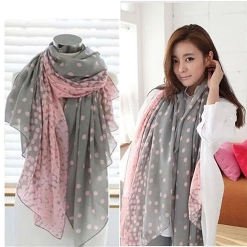 1Pcs Wrap Shawl Pink Grey Wholesale 2 Styles Women Lady Spring Autumn Warm Soft Long Voile Neck Large Dots Scarf