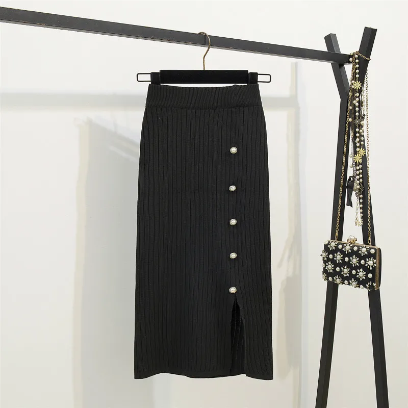 Модная женская юбка осень зима посылка бедра Сплит юбка-карандаш до колена вязаная элегантная юбка с высокой талией 7592 50