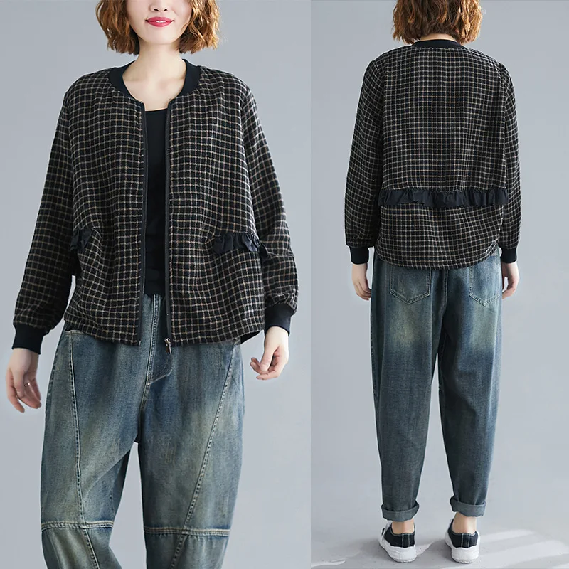 

Loose And Plus-sized Artistic Retro Casual Plaid by Age Fresh Frilled Joint Cropped Jacket