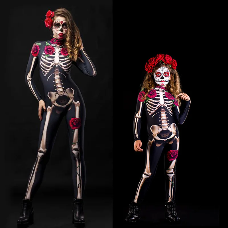 

ALALY Scary Rose Skeleton Halloween Costumes Ghost Bride Cospaly Performance Costumes Women/Children Jumpsuits day of the dead