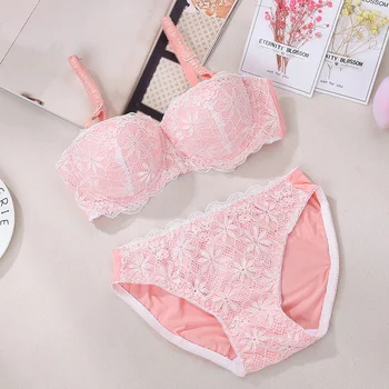 

Women Lace Bra Set for Lady Pink Floral Pattern Thin Padded Bra Set Sexy Female Push Up Lingerie +Underwear Set