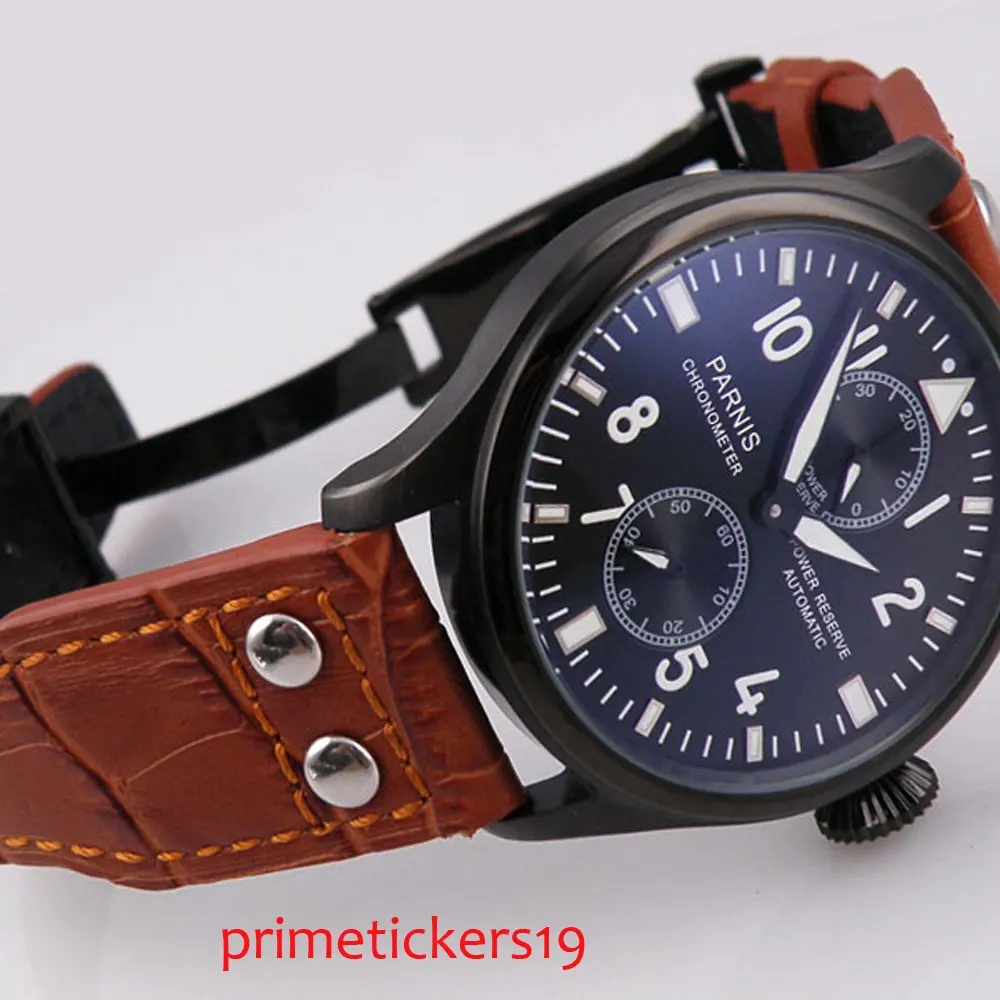 

47mm parnis black dial PVD coated case power reserve leather strap automatic mechanical men's watch