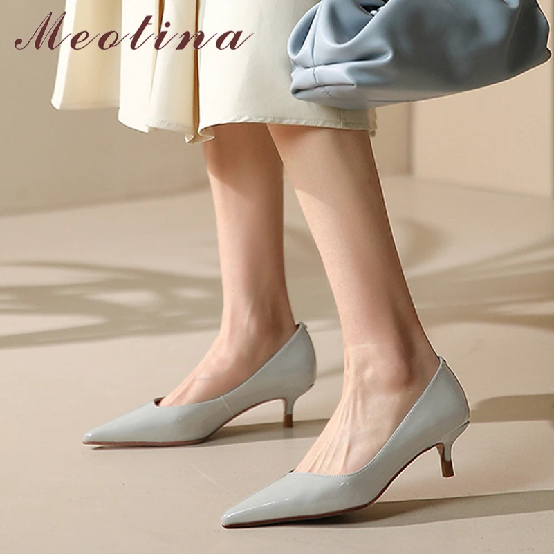 

Meotina Women Genuine Leather SheepSkin Shoes Thin Med Heel Shoes Pointed Toe Party Ladies Footwear Spring Autumn Black Blue