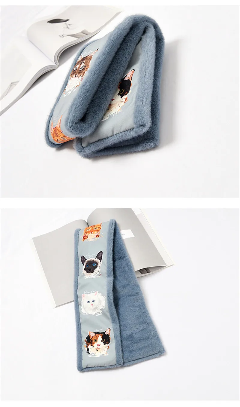 Cartoon Animal Print Scarf Women Sweet Splicing Color Faux Fur Plush Cross Thick Scarf Girls Elegant Fluffy Winter Warm Scarves