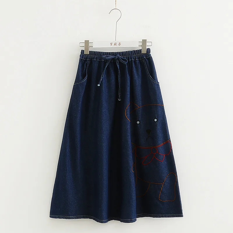 Kawaii bear вышивка drawstring Джинсовая Юбка Saia mori girl Элегантный дизайн S28482-AQ