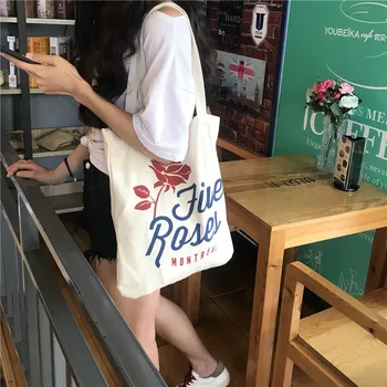 

ins rose flower canvas shoulder bag Korean portable female bag simple printing commuter bag womens handbags and purses