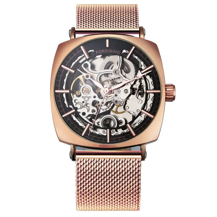 FORSINING бизнес часы для мужчин лучший бренд класса люкс автоматические механические часы из нержавеющей стали сетчатый ремешок Скелет Резные наручные часы - Цвет: RG BLACK