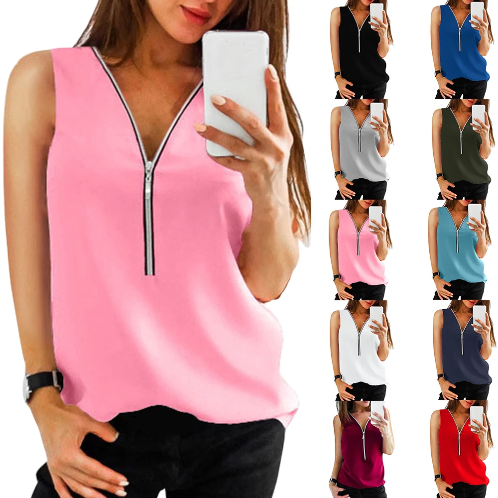 Womens V Neck Zipper Loose Sleeveless T-shirt Casual Tops Shirt 2020 Fashion Female Vests Classic Sleveless Shirts Solid Tops