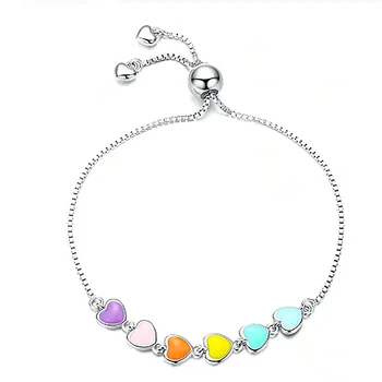 

New Rainbow Color Enamel Heart Bracelet for Women Fashion Simple Shape 925 Sterling Silver Chain Bracelets Anti-allergy Jewelry